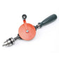 Manual hand drill with orange disc and dark green handle, silver drill chuck