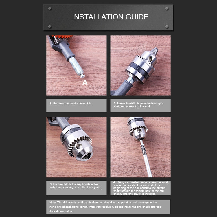 Manual steel hand drill with keyed chuck and drill bit shown on wood surface