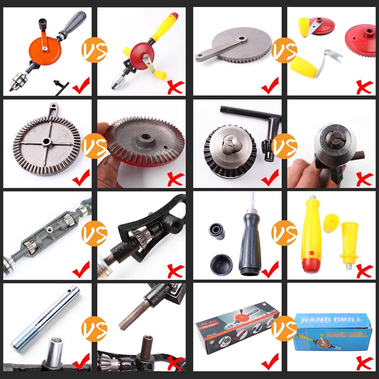 Manual hand drill with metal chuck and drill bit shown in multiple angles