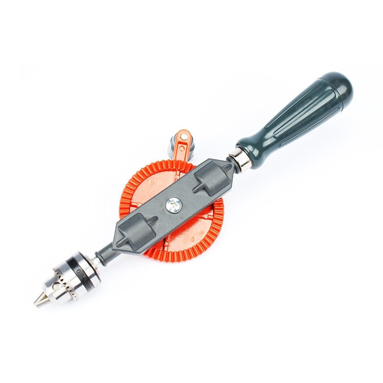 Manual hand drill with orange toothed guide, dark green handle, steel drill chuck