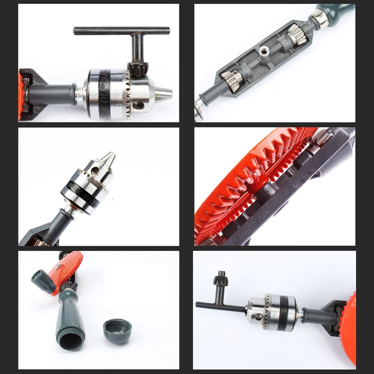 Manual hand drill parts set with orange disc, steel chuck, and crank components