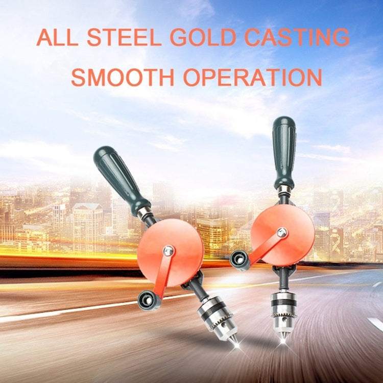 Two manual hand drills with orange discs and dark green handles, steel chucks