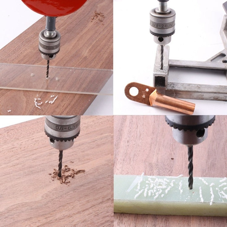 Manual drill bit drilling holes in wood with orange disc guide