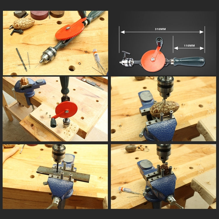 Manual hand drill working on a woodworking jig to drill holes in wood