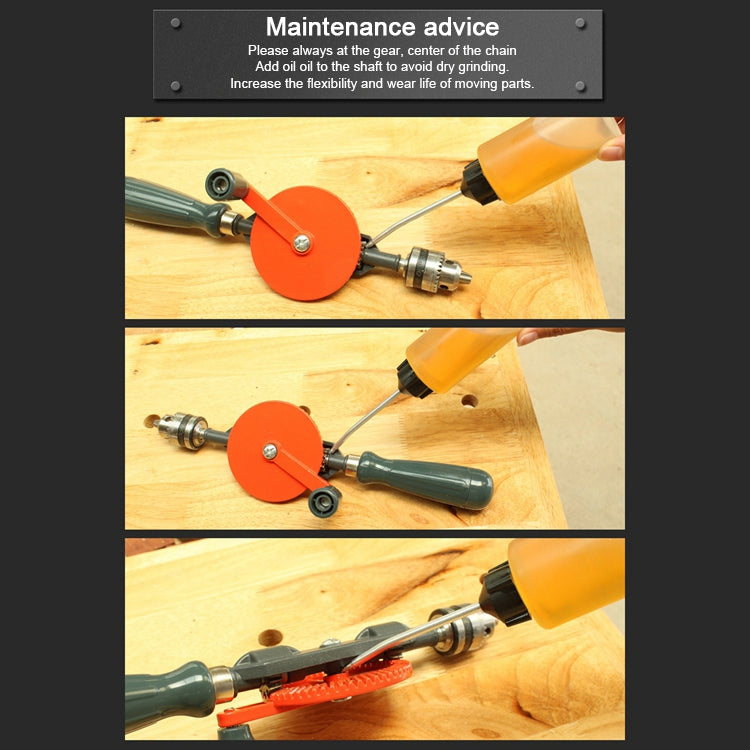 Manual hand drill on wood with orange disc, steel bit, and dark green handle