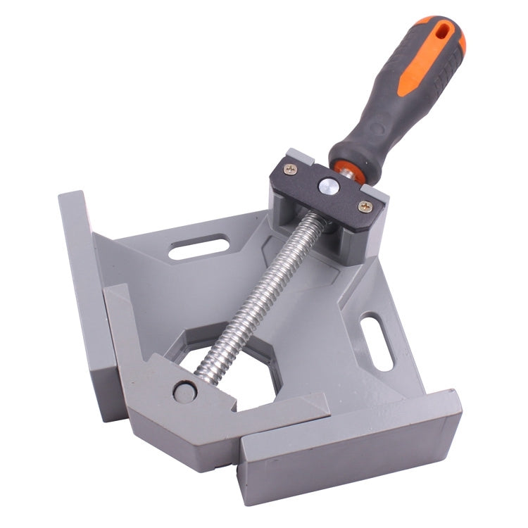 Aluminum right-angle corner clamp with threaded screw and black orange grip handle