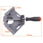 Gray right-angle clamp with swing jaw, threaded rod, and black orange handle grip