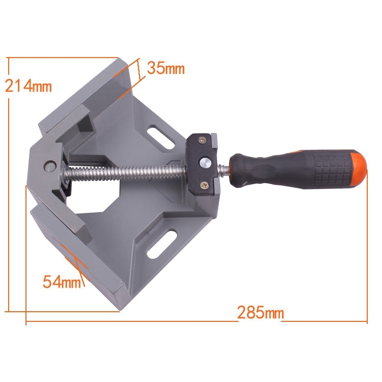 Gray right-angle clamp with swing jaw, threaded rod, and black orange handle grip
