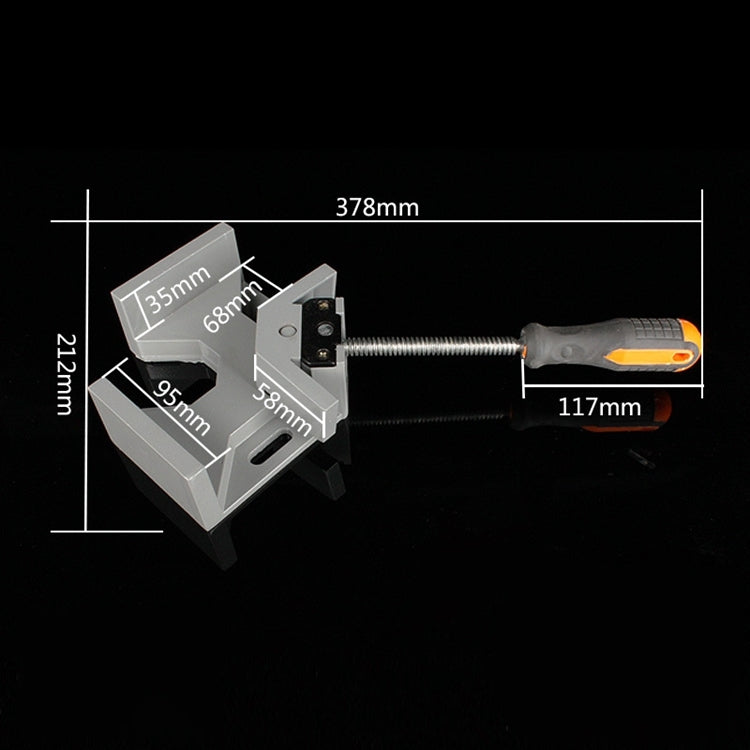 Aluminum right-angle clamp with long threaded screw and black orange handle