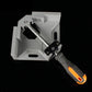 Gray aluminum corner clamp with threaded screw and black-orange handle shown close-up