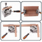 Right-angle clamp in four usage views for securing wooden boards at a corner