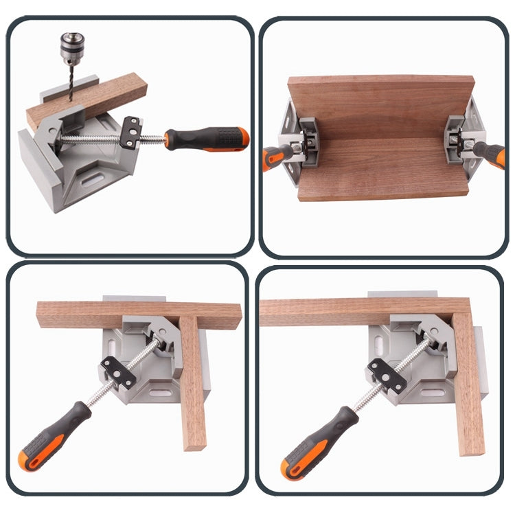 Right-angle clamp in four usage views for securing wooden boards at a corner