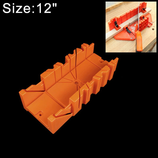 Orange 12 in woodworking miter box jig with clamping base and guide slots
