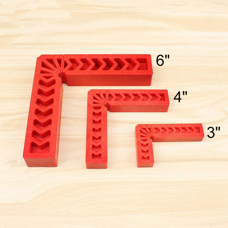 Red plastic 90-degree woodworking positioner square tool set in 3, 4, and 6-inch sizes