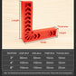 Red plastic 90-degree woodworking positioner square tool with dimension labeling diagram
