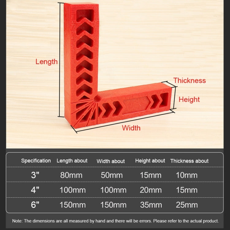 Red plastic 90-degree woodworking positioner square tool with dimension labeling diagram