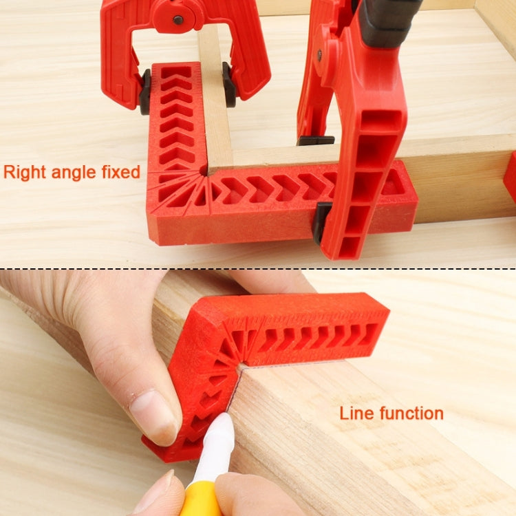 Red plastic 90-degree woodworking positioner square tool with guide line marker feature