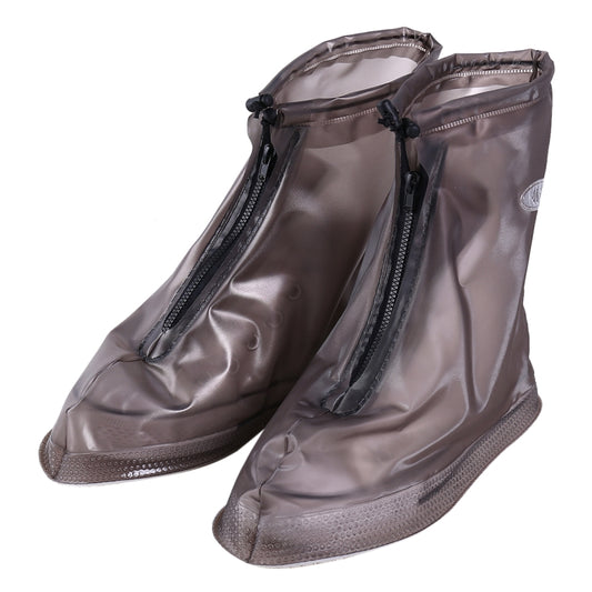 Coffee-brown waterproof PVC shoe covers with non-slip textured sole and zip