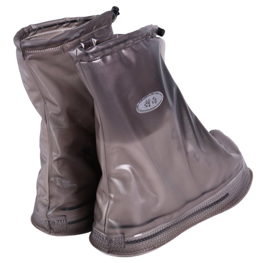 Coffee PVC waterproof shoe covers with side zippers, round toe, and textured sole