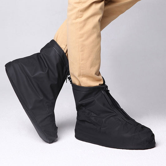 Black waterproof shoe covers with front zipper, thick sole, ankle fit, XXL