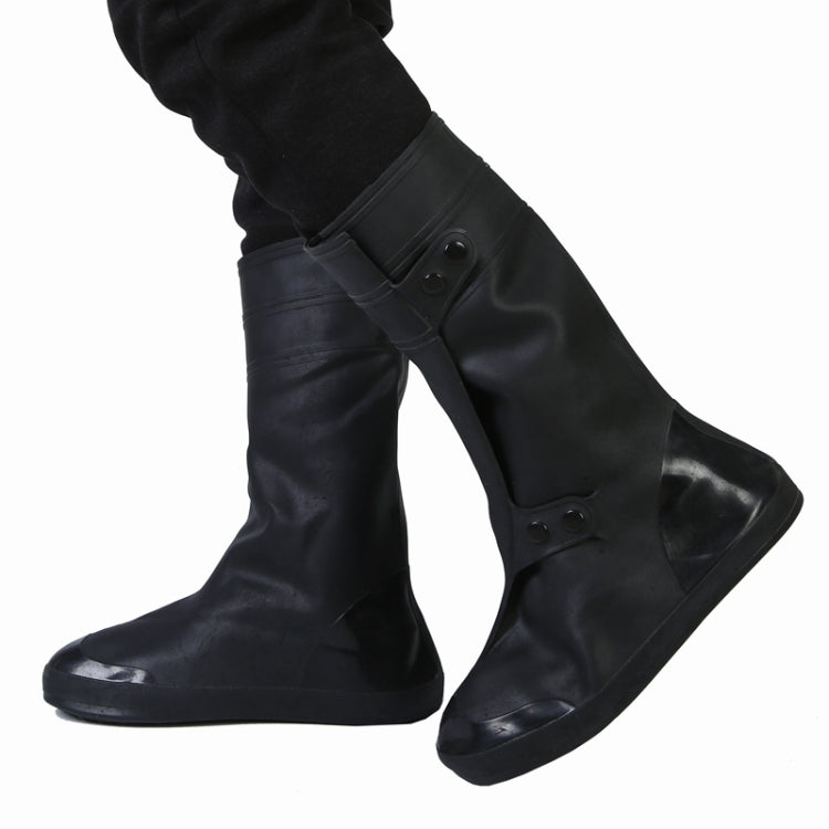 Black high tube adult shoe covers, two-button side straps and rounded slip-on boot