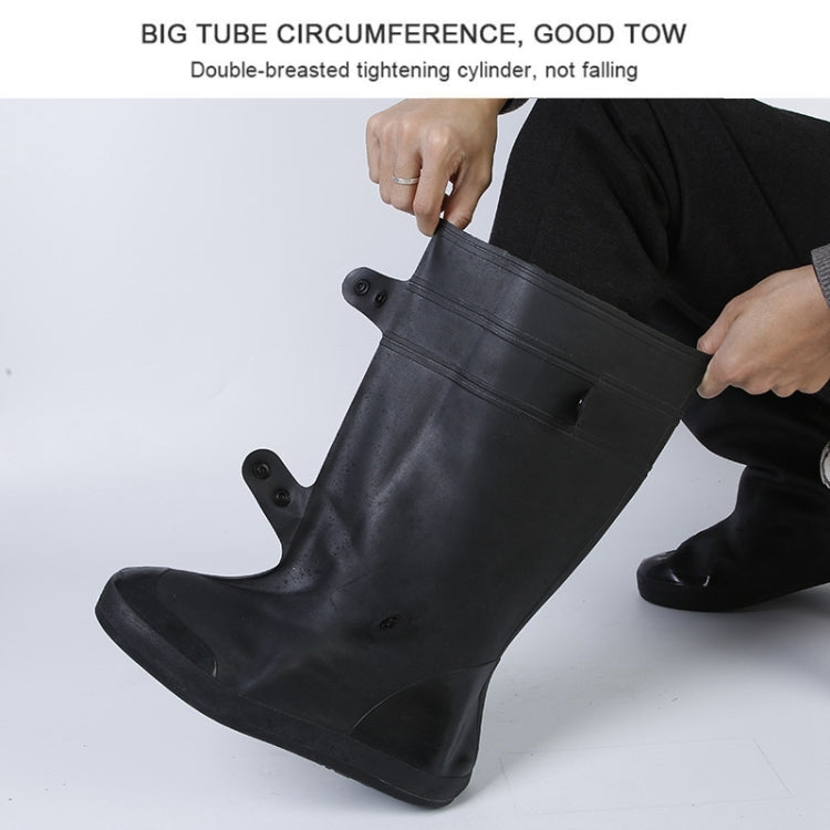Black high tube adult shoe cover with adjustable strap and wide cuff opening