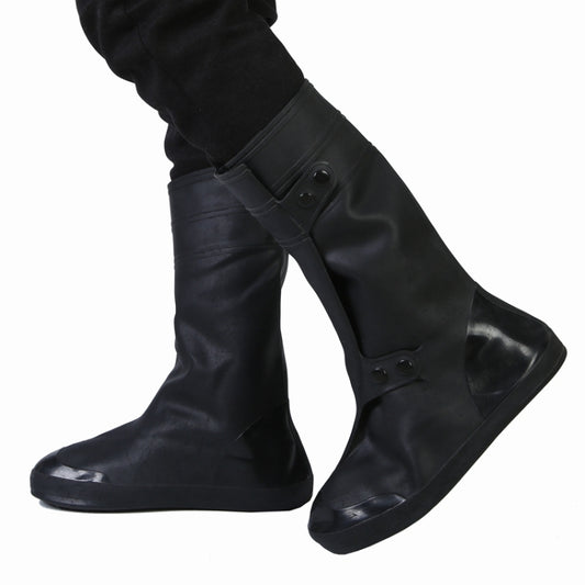 Black high tube adult shoe covers with two-button straps and thick boot soles
