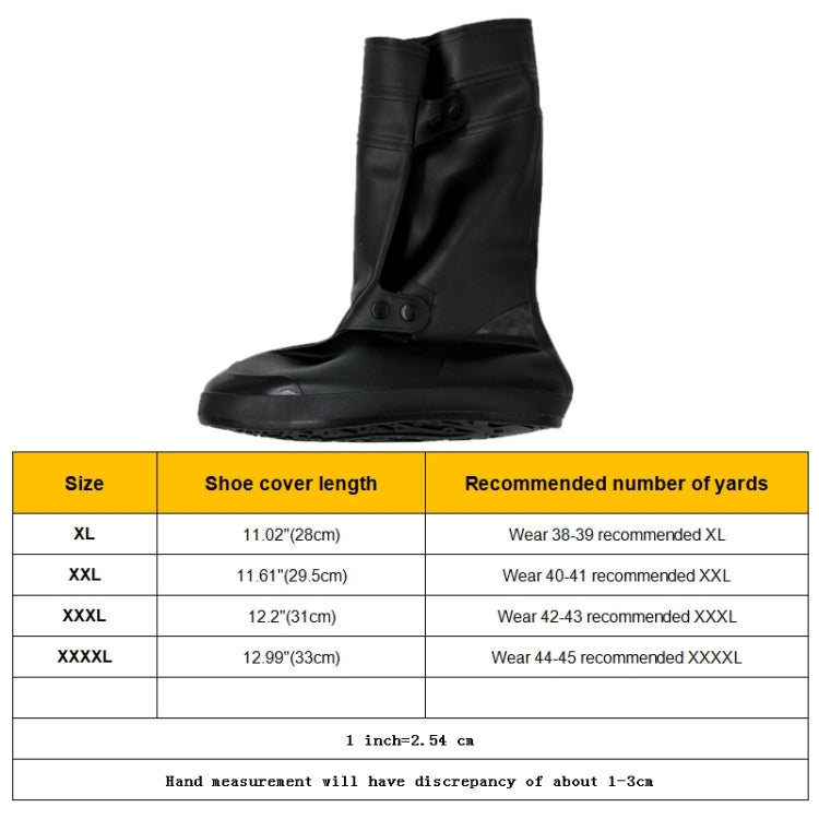 Black high tube shoe covers with size chart showing XL shoe cover length