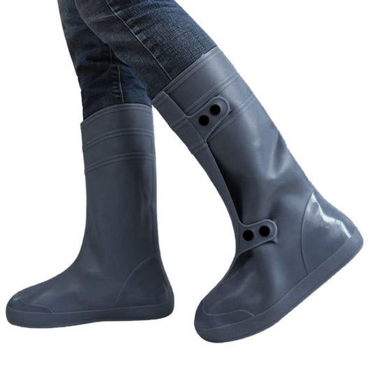 High tube rainproof shoe covers in dark gray, with adjustable straps and toe sole caps