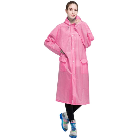 Pink transparent frosted raincoat with hood, front buttons, and side pocket, size M