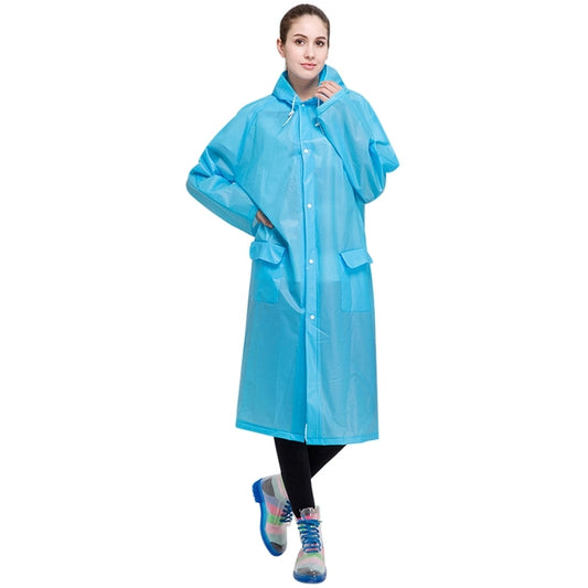 Blue hooded lightweight raincoat, frosted transparent finish, front buttons, side pockets