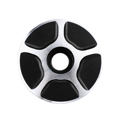 CNC aluminum bike headset cap, silver with black inset pads and center ring