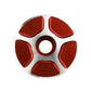 CNC aluminum bike headset cap, silver face with red inset pads and circular center hole