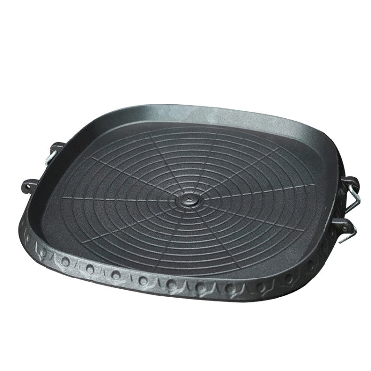 Square grill plate with circular ridged pattern and side handles, dark gray
