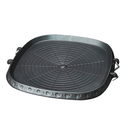 Square grill plate with circular ridged pattern and side handles, dark gray