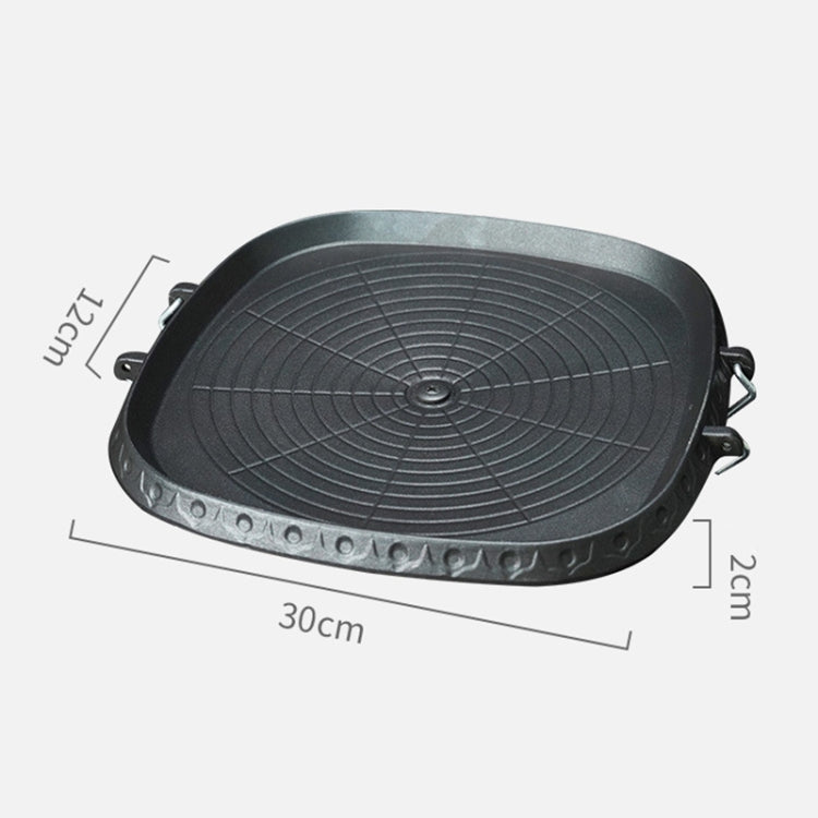 Square ridged grill plate with side handles, dark gray