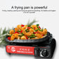 Square grill plate with ridged surface, topped with shrimp, peppers, and herbs