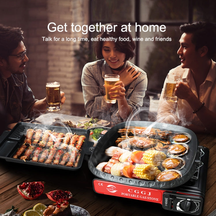 Square ridged grill plate with grilled seafood and vegetables