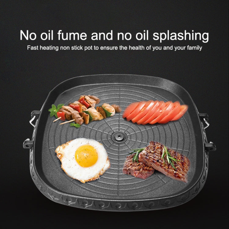 Square grill plate with circular ridges, featuring fried egg, steak, and fish