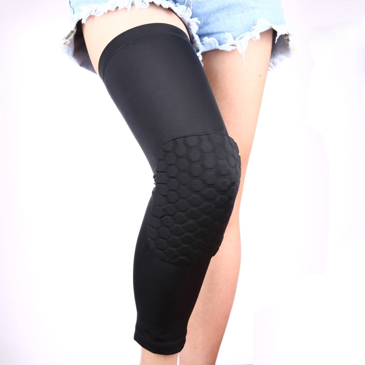 Black long knee support guard worn over the knee, textured padded panel.