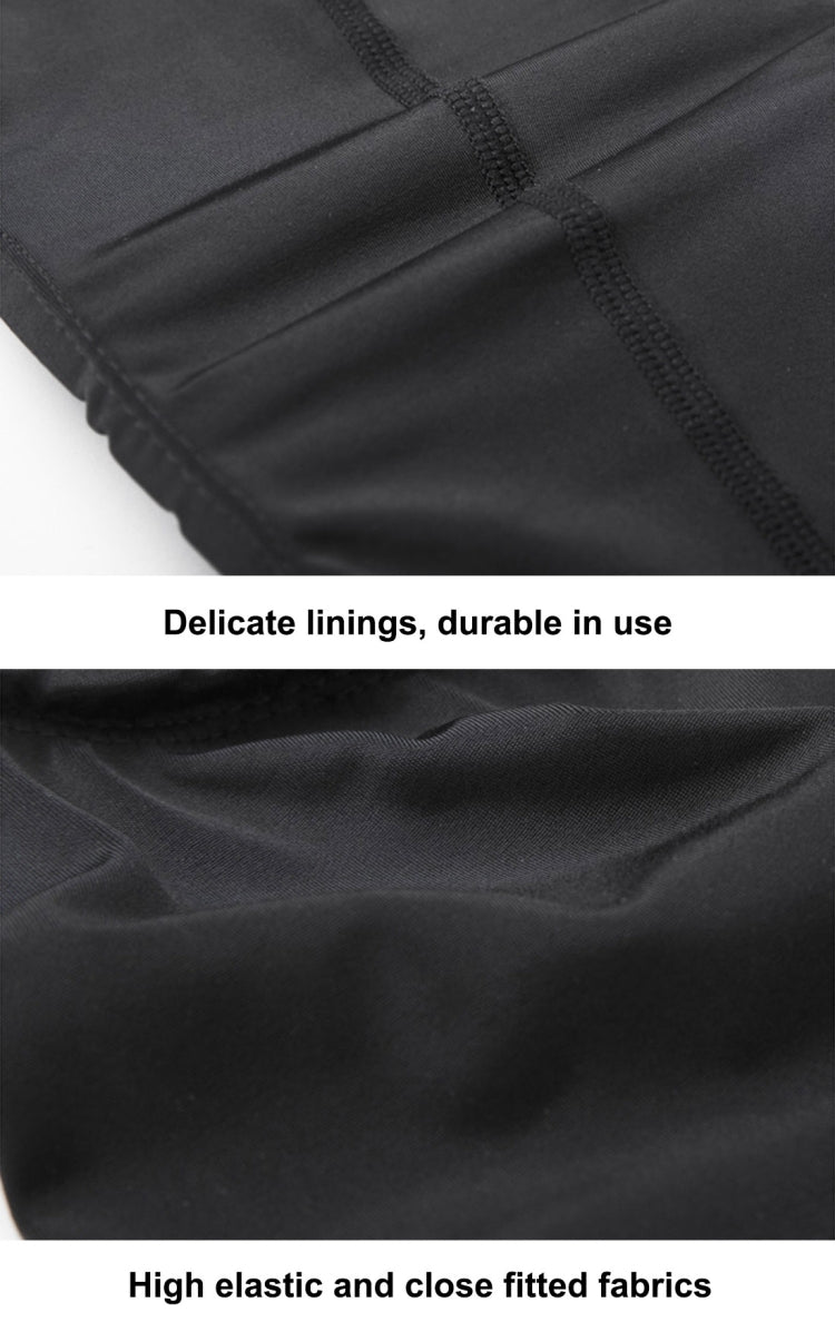 Close-up of black knee guard fabric with seams and elastic fit panel.