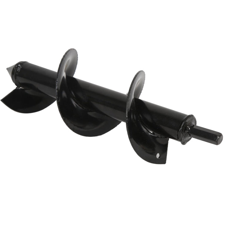 Black spiral auger drill bit with pointed tip and short shank, angled view
