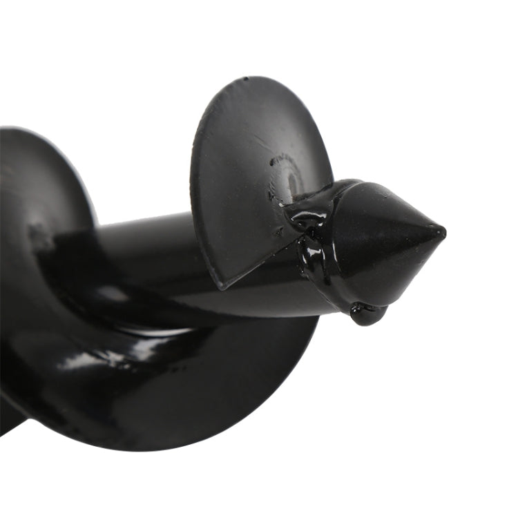 Close-up of black spiral drill tip and cutting flutes on alloy auger