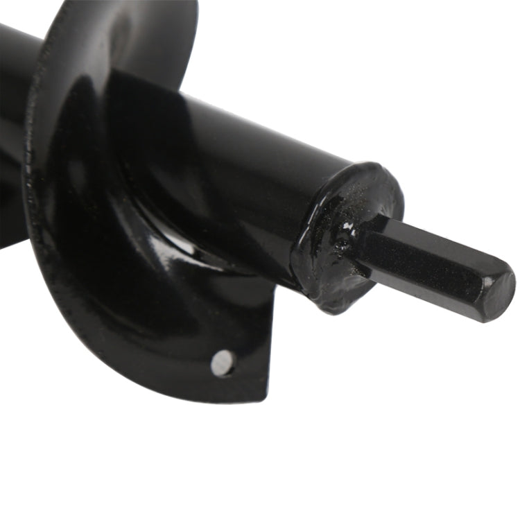 Close-up of black spiral auger drill bit shank with mounting hole