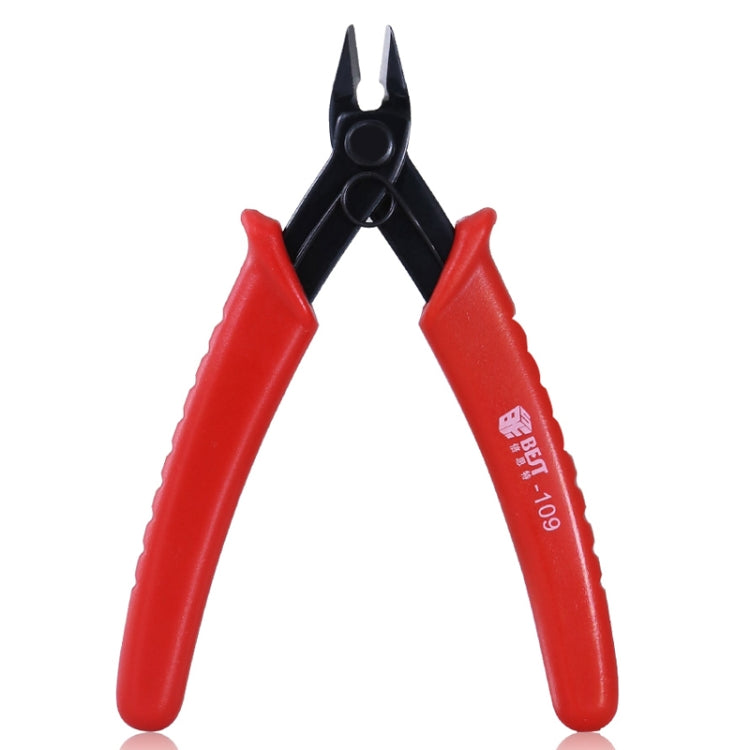 Diagonal plastic cutter nippers with red insulated handles and black cutting jaws