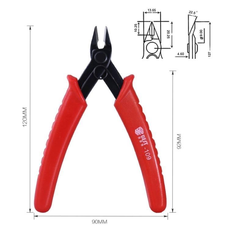 Diagonal plastic cutter nippers with red handles and black jaws, with size dimensions