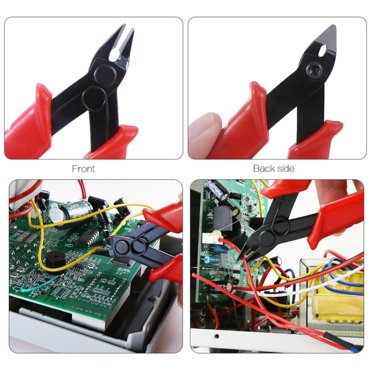 Diagonal cutter nippers shown front and back views; red handles and black head