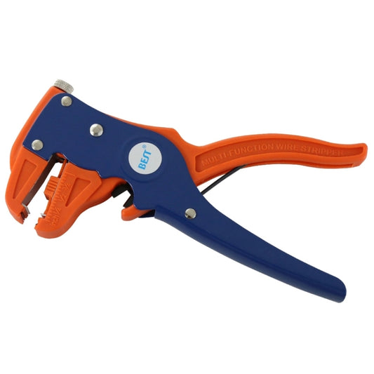 Orange and blue wire stripper and cutter pliers with textured handle grip