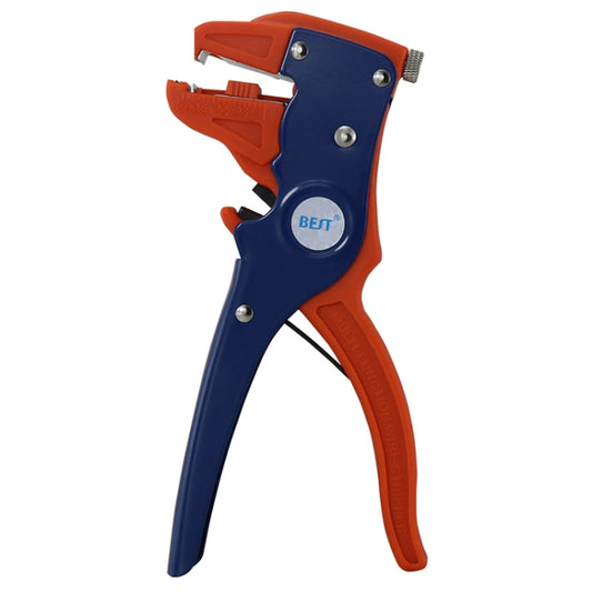 Orange and blue cable stripper pliers with crimping jaws and cutting blade