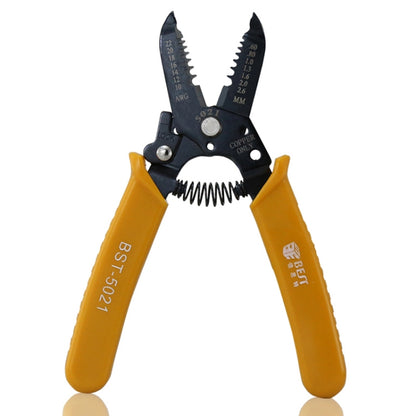 Portable cable stripping and crimping pliers with black jaws and yellow insulated handles
